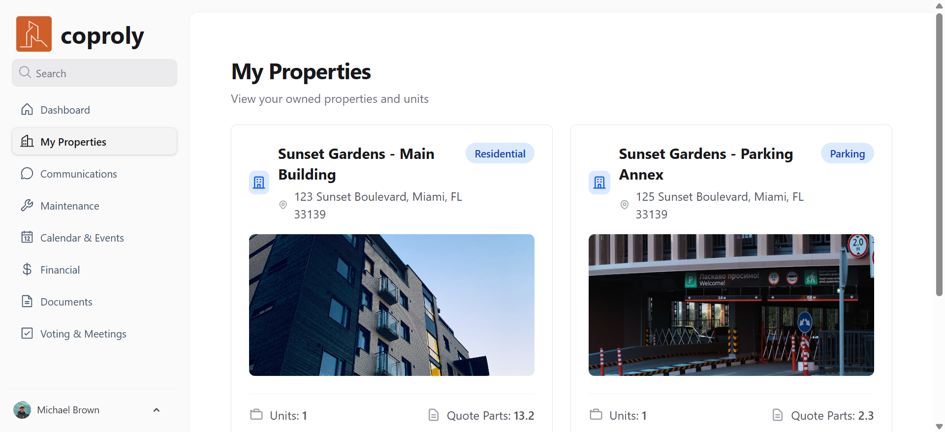 Coproly Property Management Platform - Resident Dashboard showing properties, units, and ownership details for efficient cooperative property management